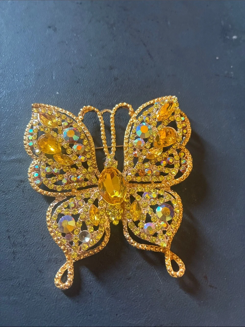 Gold Crystal Butterfly Brooch - Sparkling Yellow Gem Accents